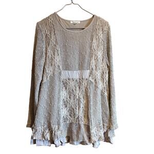 Indigo Soul Waffle Knit Long Sleeve Top Cream/Beige with Lace Detail Size L